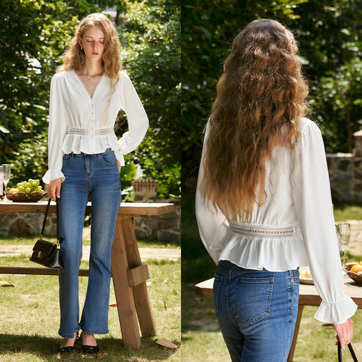 OLrain欧芮儿法式雪纺衫女秋季2024年新款气质v领长袖上衣衬衣 商品图1