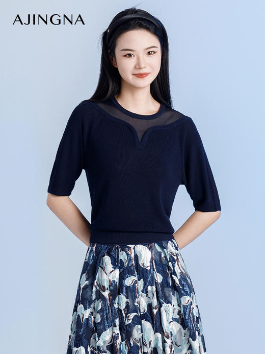 【商场同款】阿菁娜新款拼接修身短袖针织衫A29Q301010 商品图2