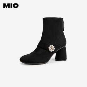 MIO米奥花朵点缀显瘦圆头高跟靴子小众设计时装靴女M245603041