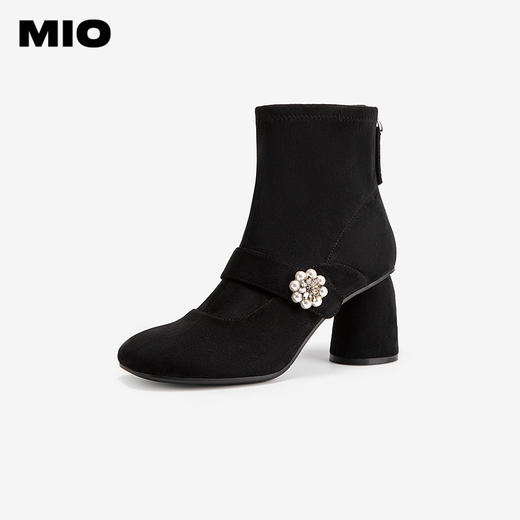 MIO米奥花朵点缀显瘦圆头高跟靴子小众设计时装靴女M245603041 商品图0