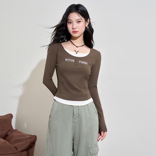 时尚字母印花假两件圆领长袖T恤女早春撞色收腰上衣V0042745 商品图3