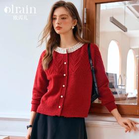 OLrain欧芮儿法式红色拼接针织开衫女早秋2024年新款钩花毛衣外套