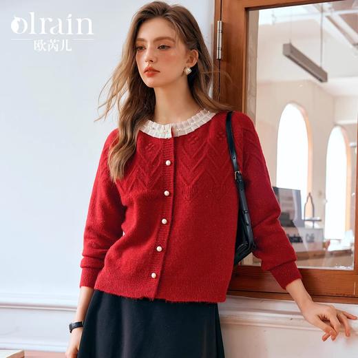 OLrain欧芮儿法式红色拼接针织开衫女早秋2024年新款钩花毛衣外套 商品图0