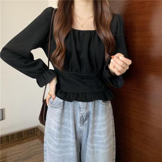 【时尚长袖衬衫】秋季新款 设计感小众气质法式锁骨方领短款长袖上衣  商品图7