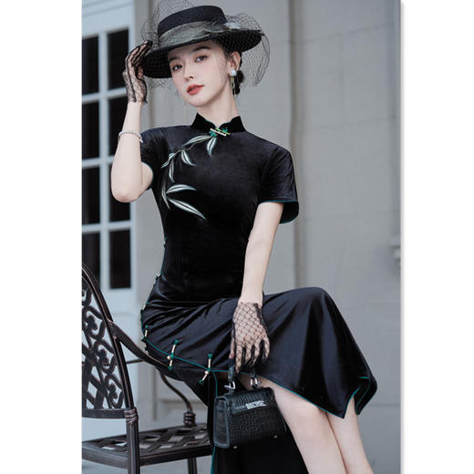 复古国风丝绒绣花，长款短袖旗袍GX-66636 商品图1