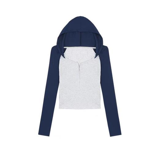 早秋新款【连帽长袖t恤女】修身显瘦 V领辣妹短款打底上衣 插肩袖拼接长袖 商品图4