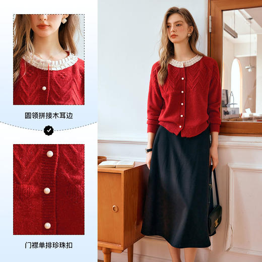 OLrain欧芮儿法式红色拼接针织开衫女早秋2024年新款钩花毛衣外套 商品图2