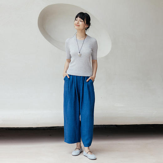 绽放旅行女装604朵/早秋新款纯羊毛高弹力T恤显瘦圆领针织衫短袖 商品图3