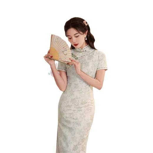 夏款复合蕾丝宽边中长款旗袍浅绿修身低开衩SJT650 商品图4