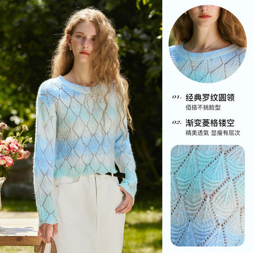 
OLrain欧芮儿渐变条纹镂空针织衫女秋2024新款慵懒长袖套头薄上衣 商品图3