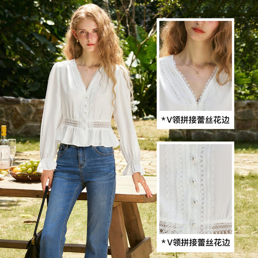 OLrain欧芮儿法式雪纺衫女秋季2024年新款气质v领长袖上衣衬衣 商品图3