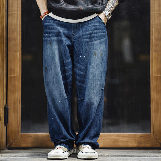 工装优选美式复古做旧磨白猫须牛仔裤宽松水洗丹宁泼墨直筒裤男秋 商品图0