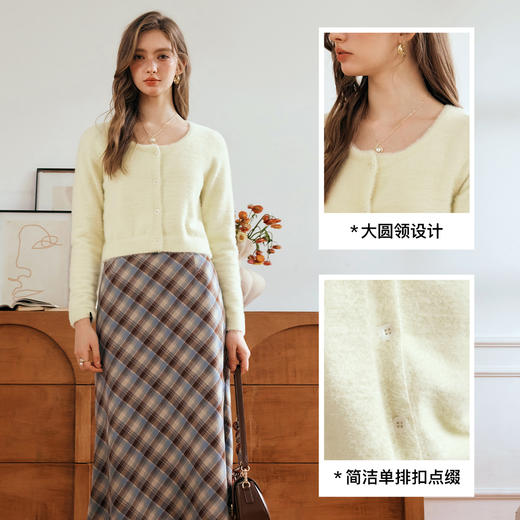 OLrain欧芮儿淡黄色针织衫女秋2024新款时尚简约圆领开衫短款上衣 商品图2