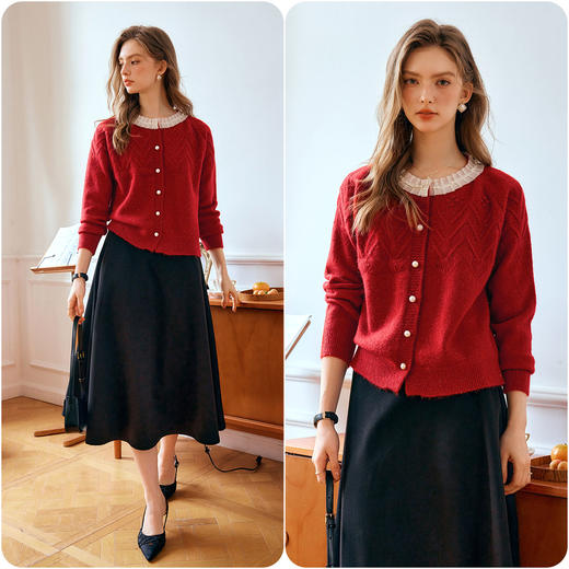 OLrain欧芮儿法式红色拼接针织开衫女早秋2024年新款钩花毛衣外套 商品图1