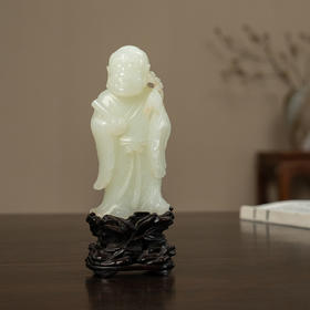 清 和田玉雕持经罗汉（红木座）