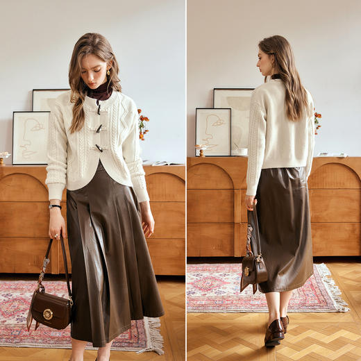 OLrain欧芮儿复古百褶皮半身裙女早秋2024年新款简约高级感半裙 商品图1