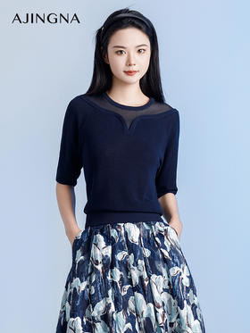 【商场同款】阿菁娜新款拼接修身短袖针织衫A29Q301010