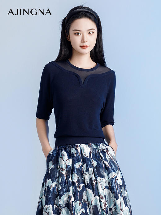 【商场同款】阿菁娜新款拼接修身短袖针织衫A29Q301010 商品图0