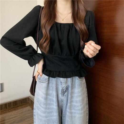 【时尚长袖衬衫】秋季新款 设计感小众气质法式锁骨方领短款长袖上衣  商品图3