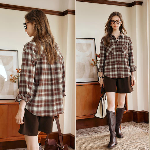 OLrain欧芮儿格纹长袖衬衫女早秋2024年新款复古慵懒通勤格子上衣 商品图1