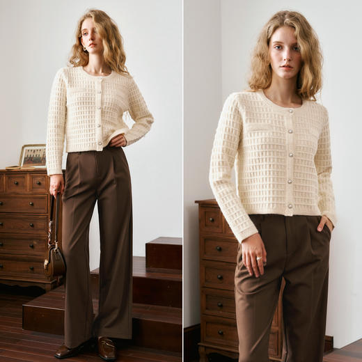 
OLrain欧芮儿法式小香风针织开衫女秋季2024新款杏色气质通勤毛衣 商品图2