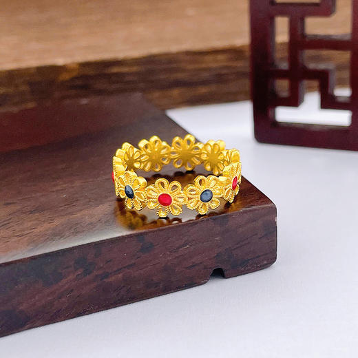 【限时克减150元】足金999 古法固口戒指镂空低温珐琅花卉花形圈戒(YGFJZ00039)（预售产品下单后不退款不退货不换货不补差价（预售产品下单后不退款不退货不换货不补差价 商品图1