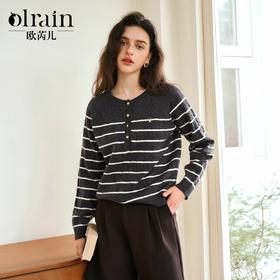 OLrain欧芮儿法式条纹撞色针织衫女秋季2024新款圆领通勤上衣