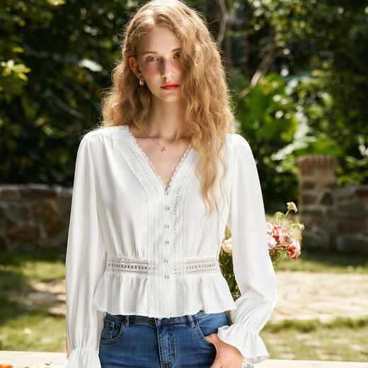 OLrain欧芮儿法式雪纺衫女秋季2024年新款气质v领长袖上衣衬衣 商品图2