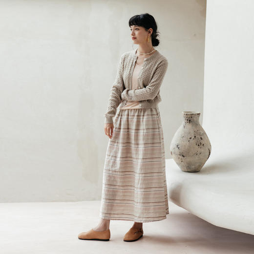 绽放旅行女装537朵/高端亚麻系带松紧腰手织提花粉条纹半身中长裙 商品图3