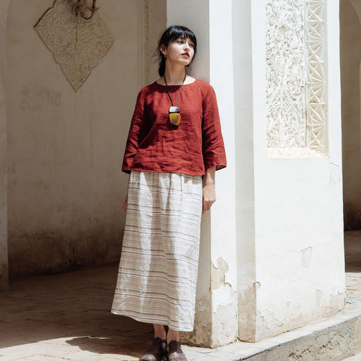 绽放旅行女装537朵/高端亚麻系带松紧腰手织提花粉条纹半身中长裙 商品图1