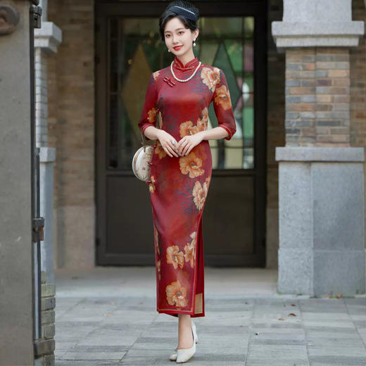 HQ-328高端旗袍新中式女高级感2024新款秋季七分袖改良国风连衣裙女长款 商品图3