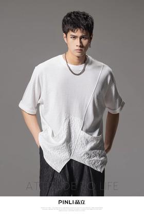PINLI品立夏季新款拼接短袖T恤男士潮牌纯色宽松休闲体恤上衣B242111001