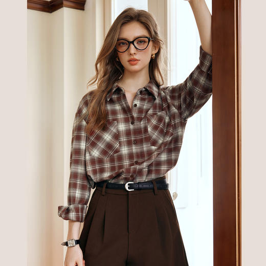 OLrain欧芮儿格纹长袖衬衫女早秋2024年新款复古慵懒通勤格子上衣 商品图3