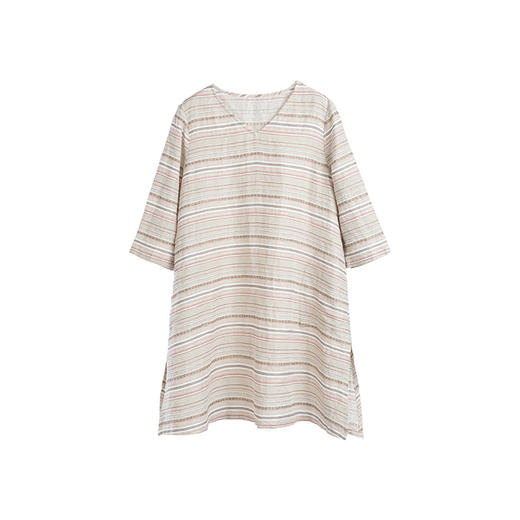 绽放536朵/高端进口手织亚麻棉浅色粉条纹V领七分袖短款连衣裙子 商品图4