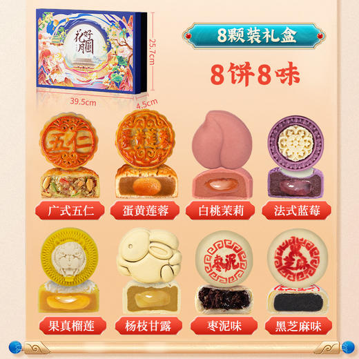 【月圆人团圆，佳节送月饼】中秋送礼，精选八款月饼，包含广式苏式、五仁冰皮、流心奶黄、蛋黄、莲蓉桃山皮口味，搭配精美丝带，福满中秋手提礼盒，精致好礼包装带。亲友团中秋团圆，幸福暖心意！ 商品图7