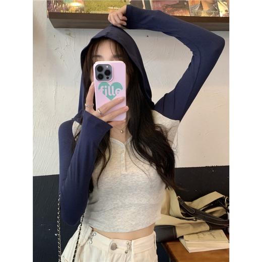 早秋新款【连帽长袖t恤女】修身显瘦 V领辣妹短款打底上衣 插肩袖拼接长袖 商品图5