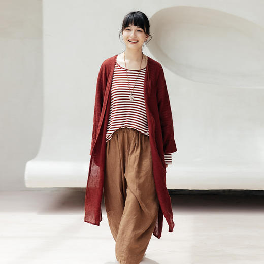 绽放旅行女装567朵/天丝羊毛条纹简约舒适圆领落肩文艺长袖T恤衫 商品图3