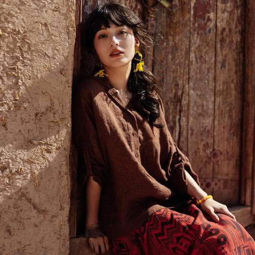 * 绽放588朵/【苏木系列】早秋士林色织亚麻翻领小衫咖啡色上衣衬衫 商品图0