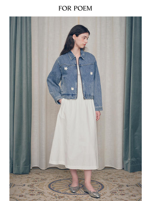 ForPoem 现货 24/FW原创设计可拆卸钩针花朵短款洗水牛仔夹克外套 商品图1