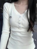 【正肩V领纽扣刺绣长袖t恤】秋季新款 内搭打底衫 修身显瘦辣妹上衣潮  商品缩略图0