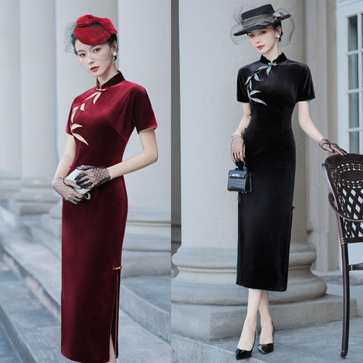 复古国风丝绒绣花，长款短袖旗袍GX-66636 商品图0