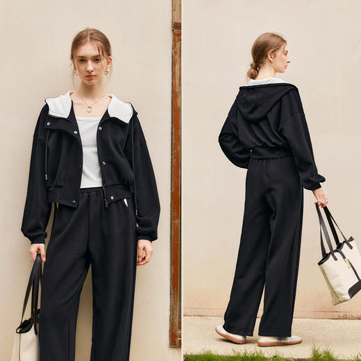 
OLrain欧芮儿时尚轻运动黑色套装两件套女秋季2024年新款连帽休闲 商品图1