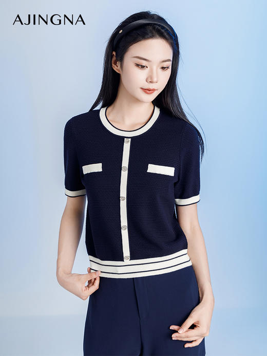 【商场同款】阿菁娜2024秋季新款撞色圆领套头针织衫A29Q301058 商品图0