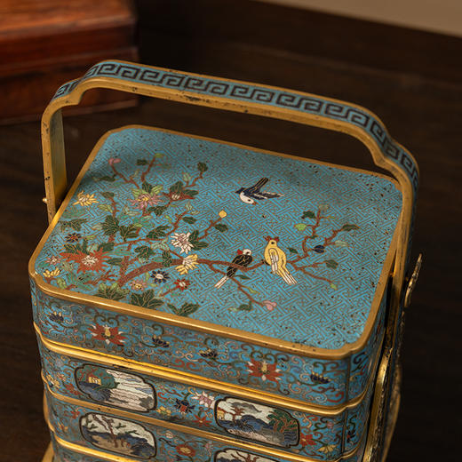 清 铜胎掐丝珐琅花鸟纹三撞提梁盒 商品图2