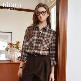 OLrain欧芮儿格纹长袖衬衫女早秋2024年新款复古慵懒通勤格子上衣