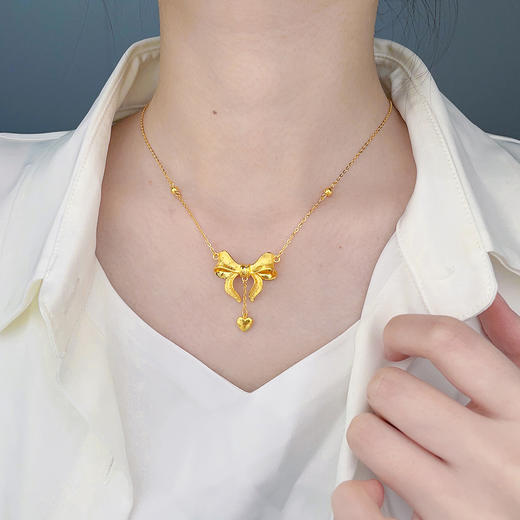 【限时克减128元】足金999.9 #在逃公主 【精品】在逃公主间金珠调节项链爱心流苏甜美少女心公主蝴蝶结套链(TL00565)（预售产品下单后不退款不退货不换货不补差价 商品图0