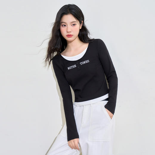 时尚字母印花假两件圆领长袖T恤女早春撞色收腰上衣V0042745 商品图2
