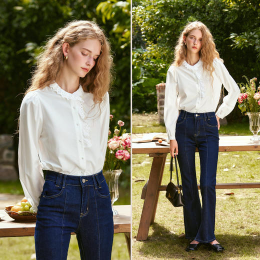 OLrain欧芮儿法式浪漫花边白色衬衫女秋季2024新款泡泡袖圆领上衣 商品图1