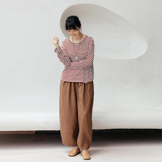 绽放旅行女装567朵/天丝羊毛条纹简约舒适圆领落肩文艺长袖T恤衫 商品图1