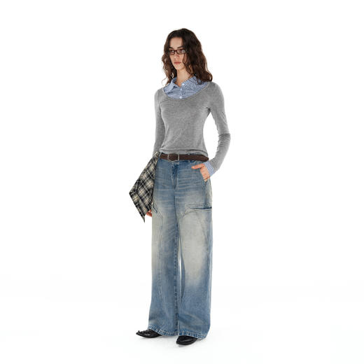 NUTH花灰色假两件拼接修身针织长袖上衣女 商品图4